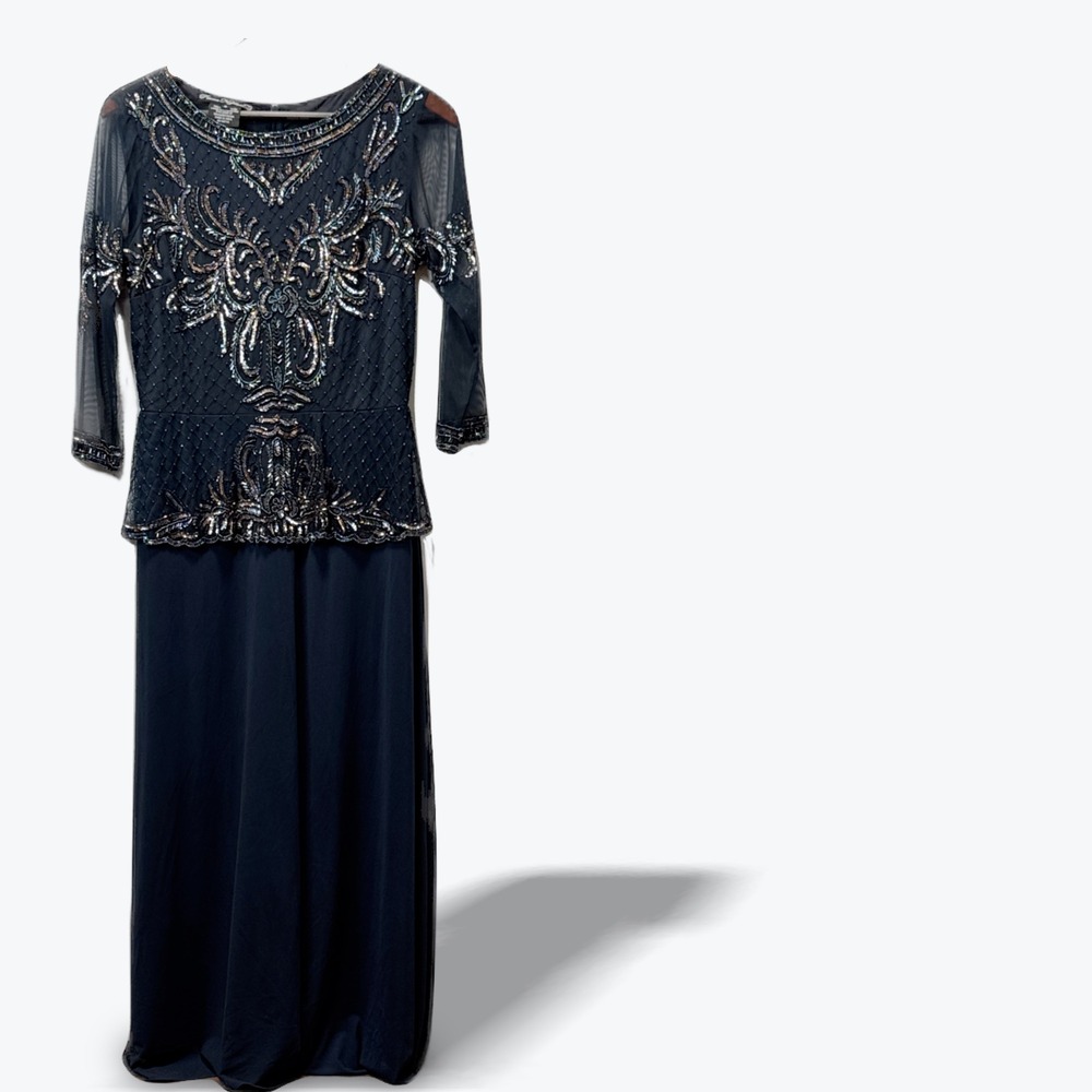 Pisarro Nights Evening Gown Navy Blue Beaded Maxi Dress Sheer Sleeve Size 6